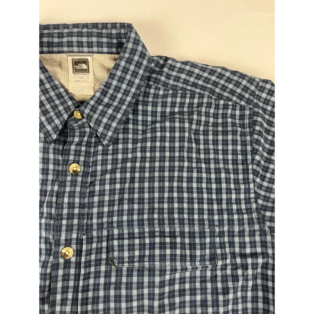 The North Face Mens L G Plaid Short Sleeve Button‎ Down Shirt Blue Tan